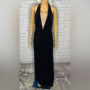 Night Way black stretch velvet gown. Some beading on bodice is missing. Sz 12